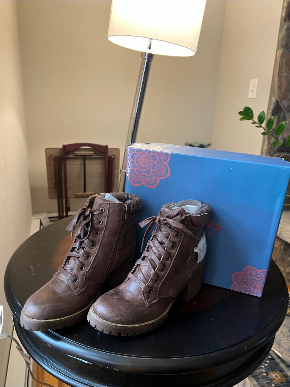 Carlos by Carlos Santana Brown Lace-Up Block Heel Boots with Cloth Trim